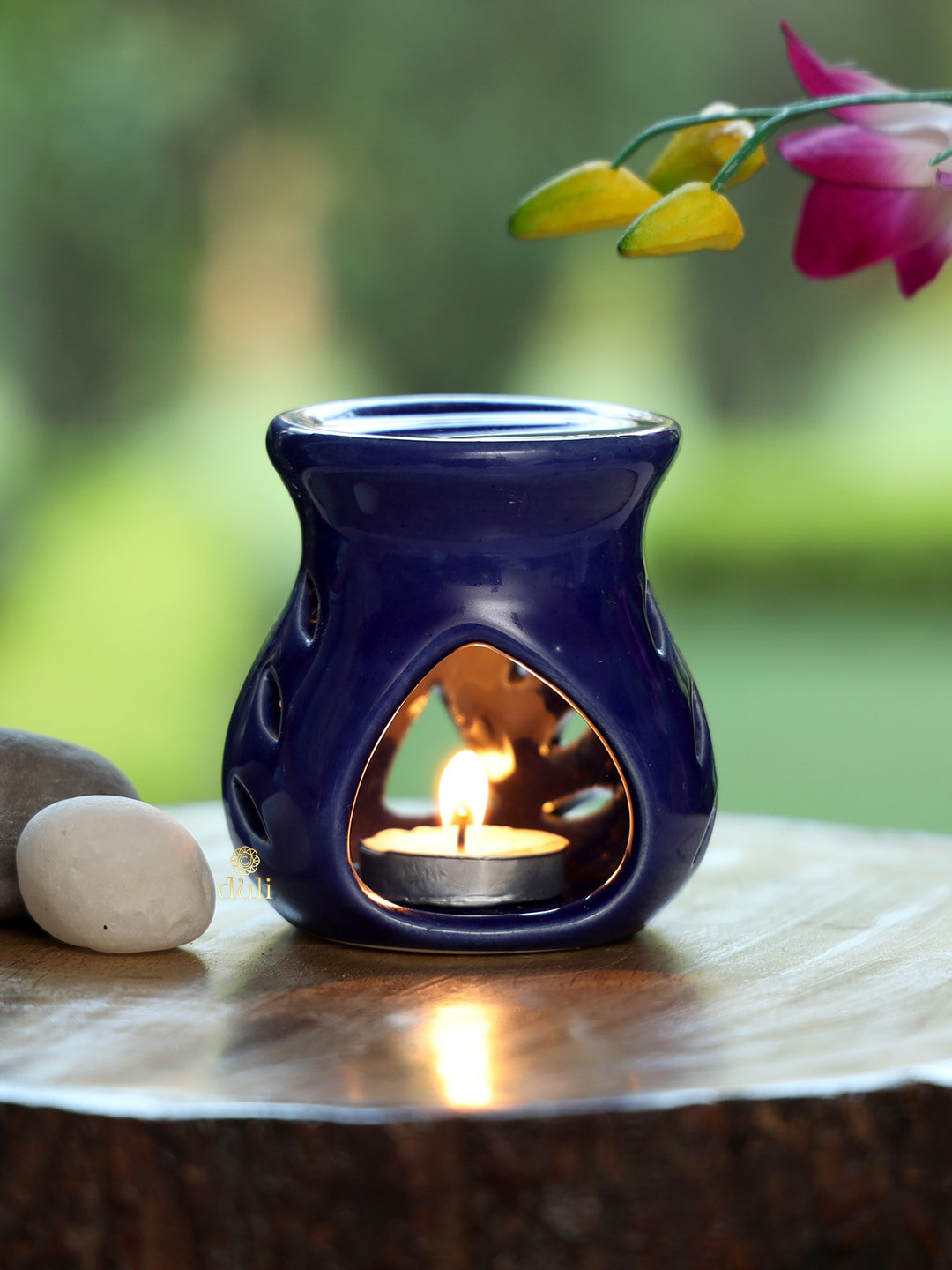

DULI Blue Ceramic Tea Light Candle Holder with Aroma Oil Diffuser