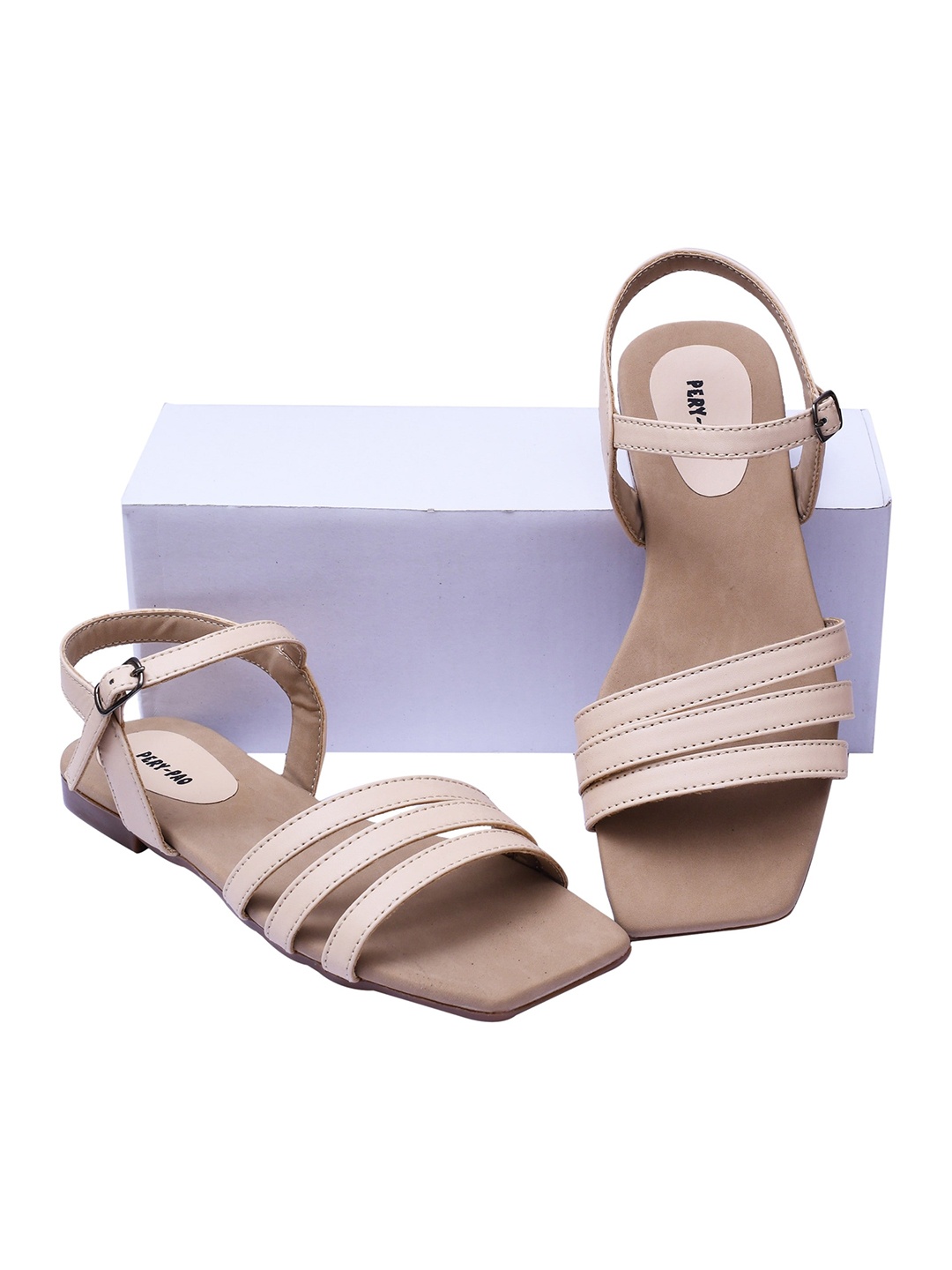 

PERY PAO Women Beige Striped Open Toe Flats
