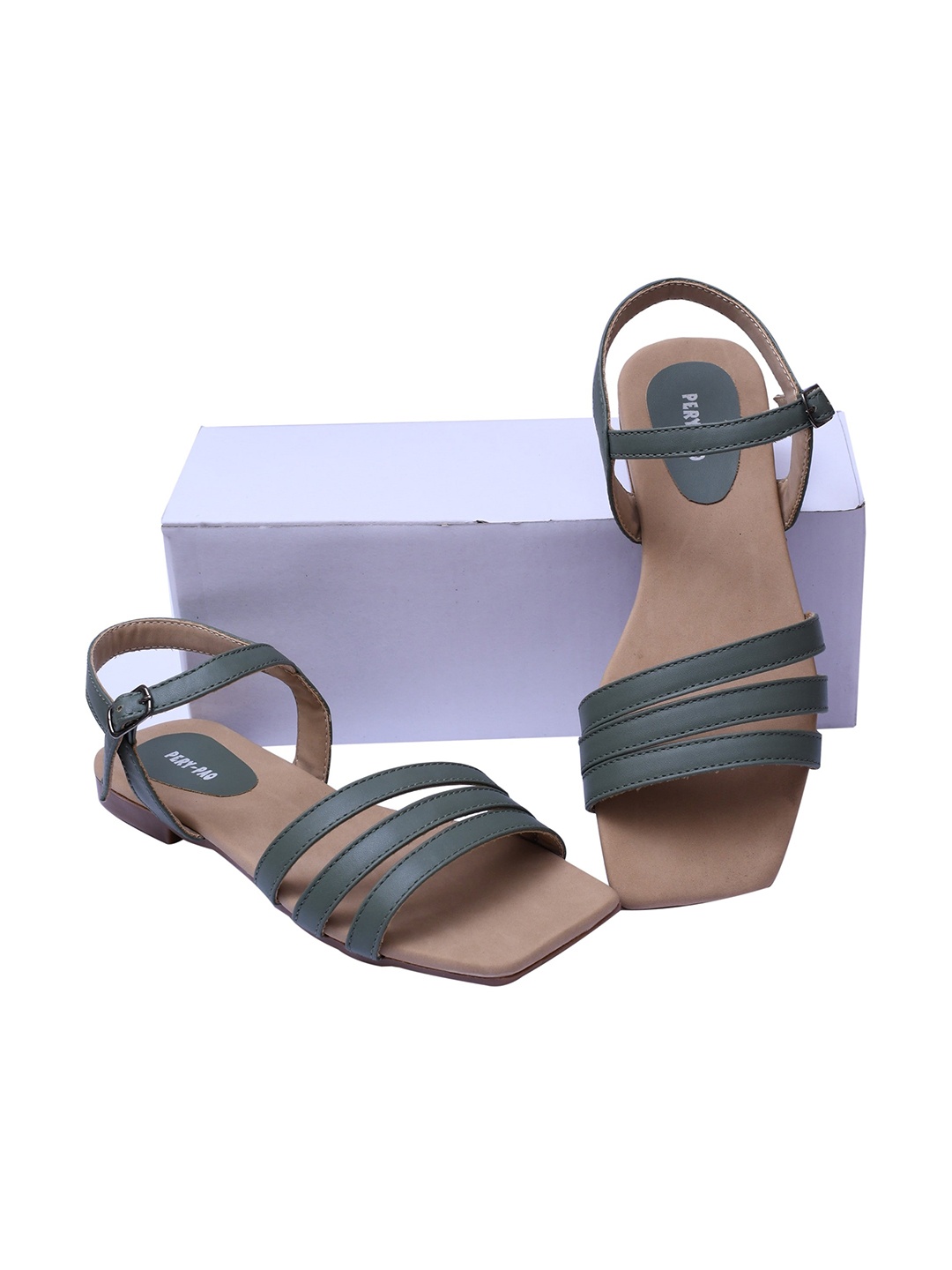 

PERY PAO Women Olive Green Open Toe Flats