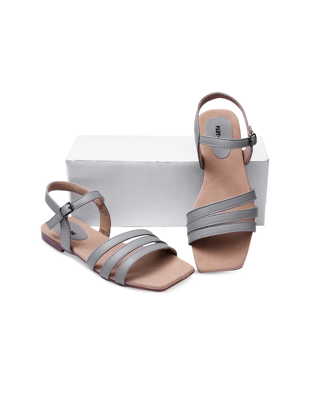 

PERY PAO Women Grey Striped Open Toe Flats