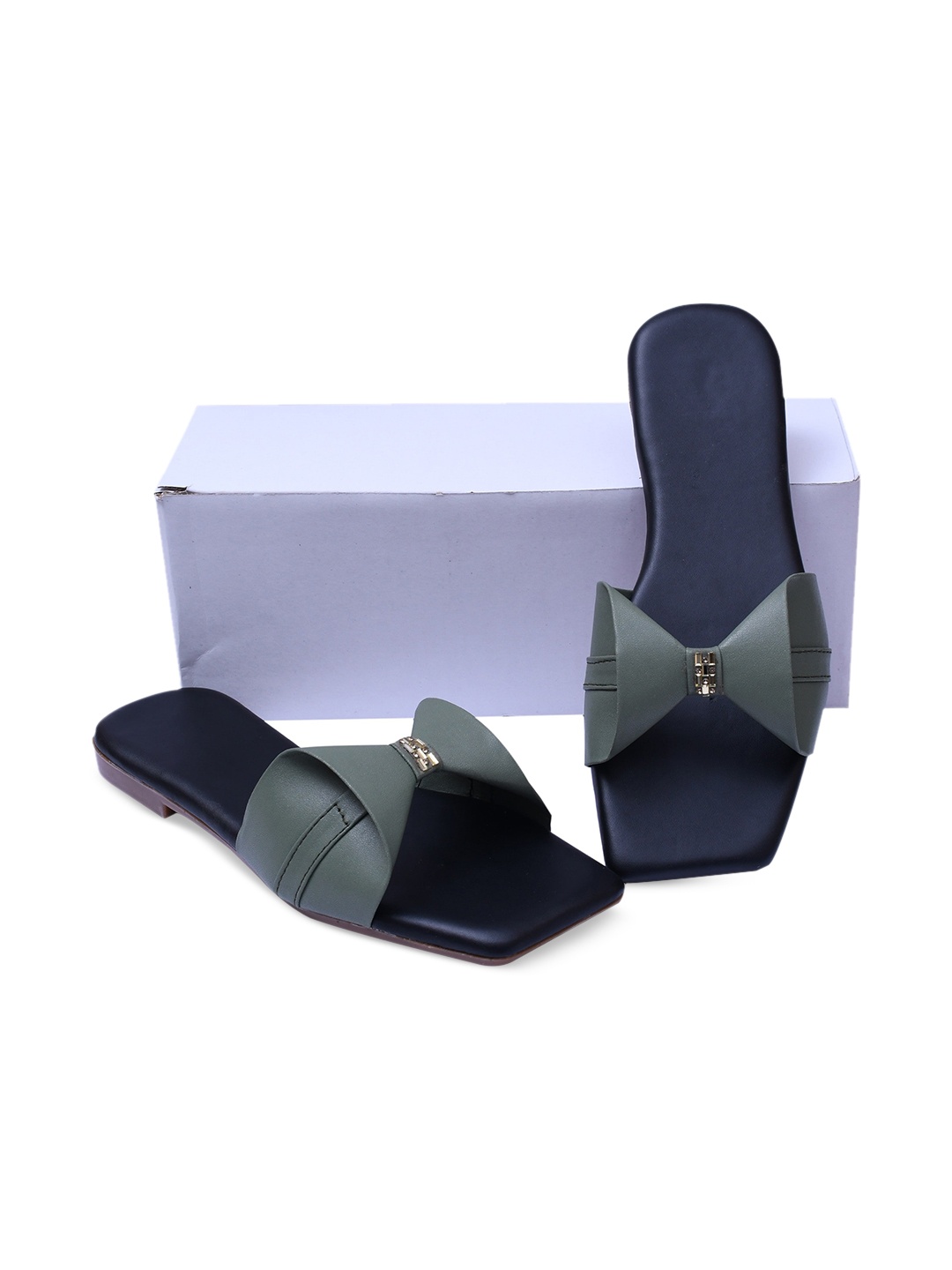 

PERY PAO Women Olive Green Bows Embellished Open Toe Flats