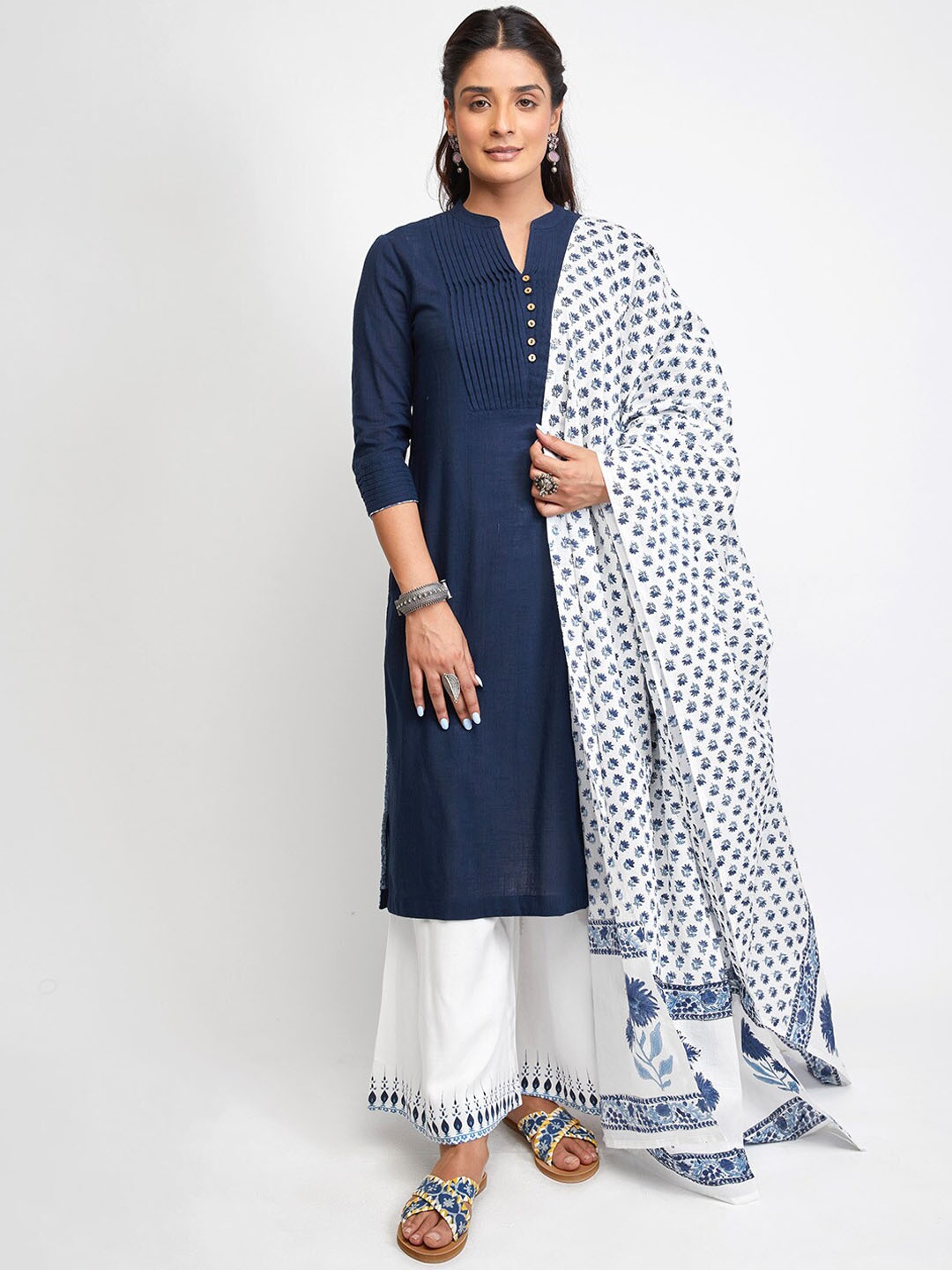 

EK BY EKTA KAPOOR Women Navy Blue Yoke Design Pure Cotton Kurta