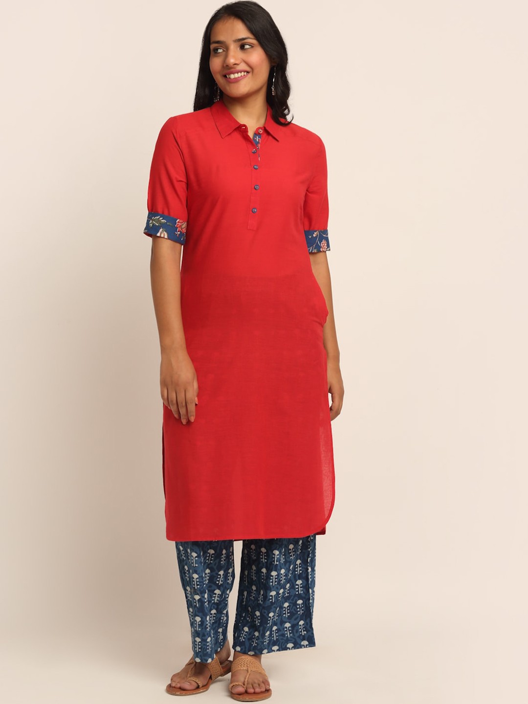 

EK BY EKTA KAPOOR Women Red & Blue Pure Cotton Pathani Kurta