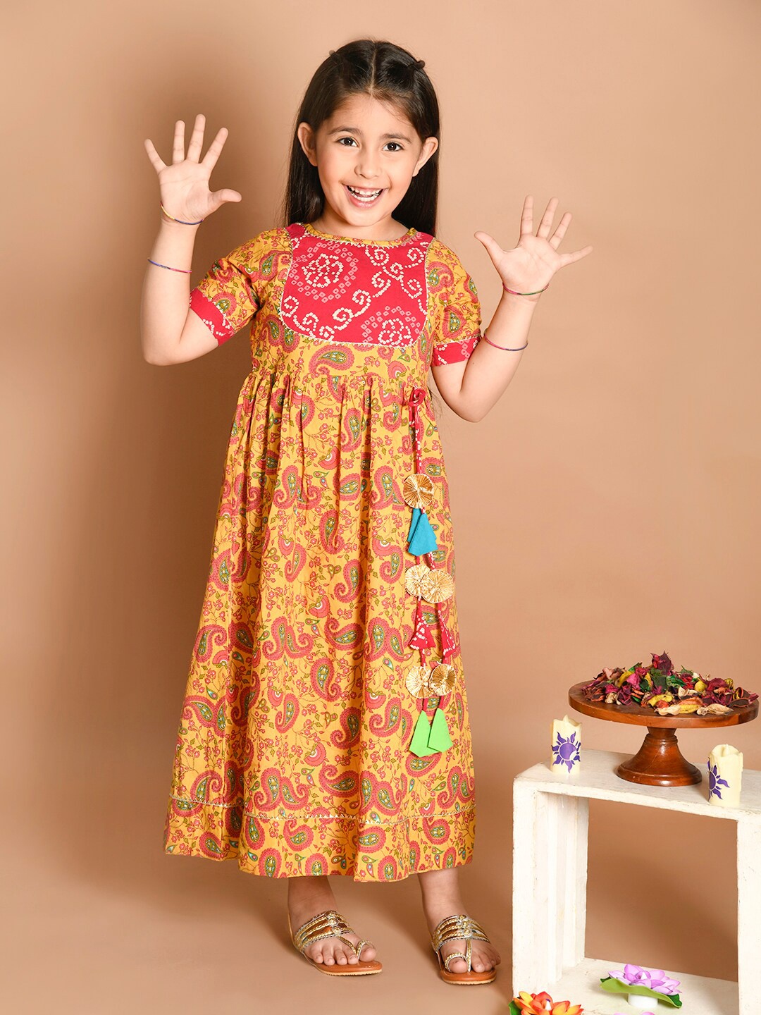 

LIL PITAARA Mustard Yellow Ethnic Motifs A-Line Maxi Cotton Dress