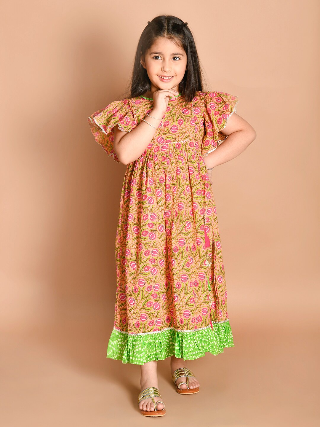 

LIL PITAARA Peach Floral A-Line Maxi Dress