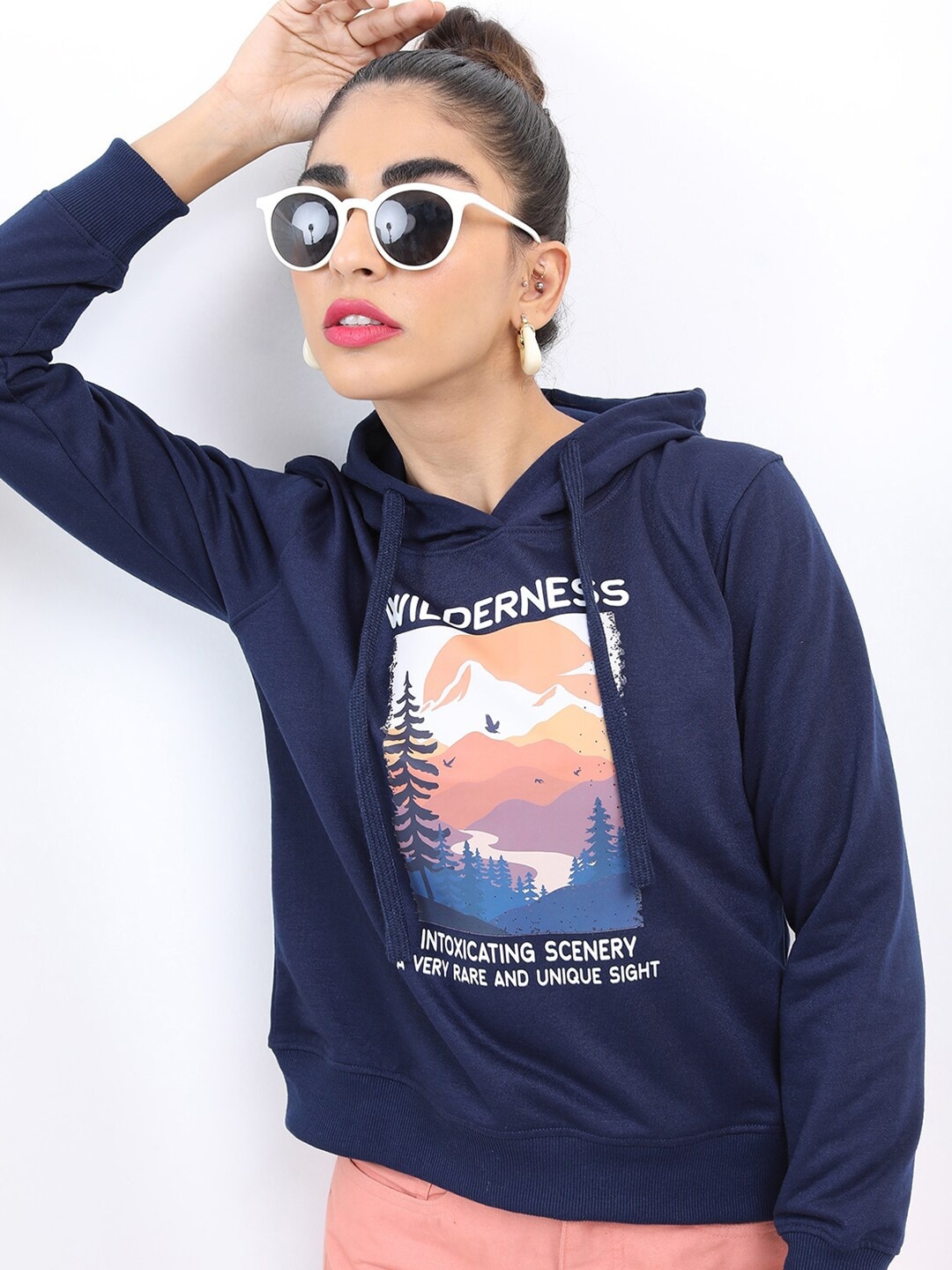 

KETCH Women Navy Blue Printed Cotton Hooded Sweatshirt