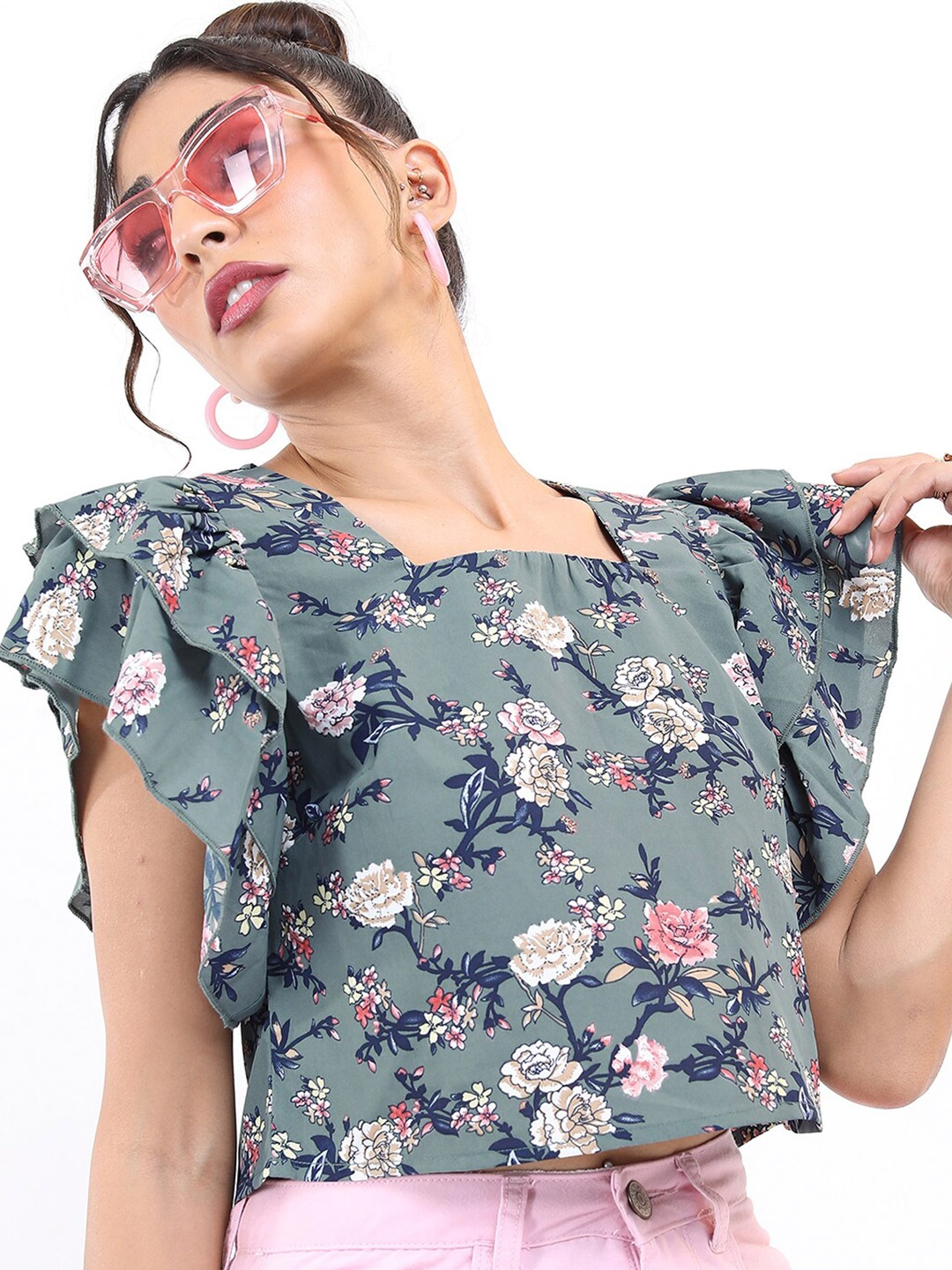 

KETCH Teal Square Neck Floral Printed Top