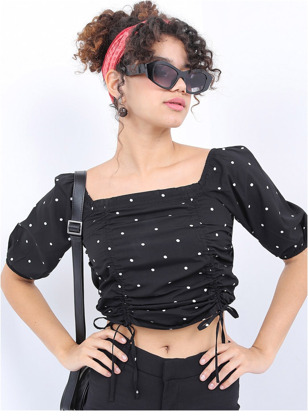 

KETCH Black Print Polka Dots Crop Top