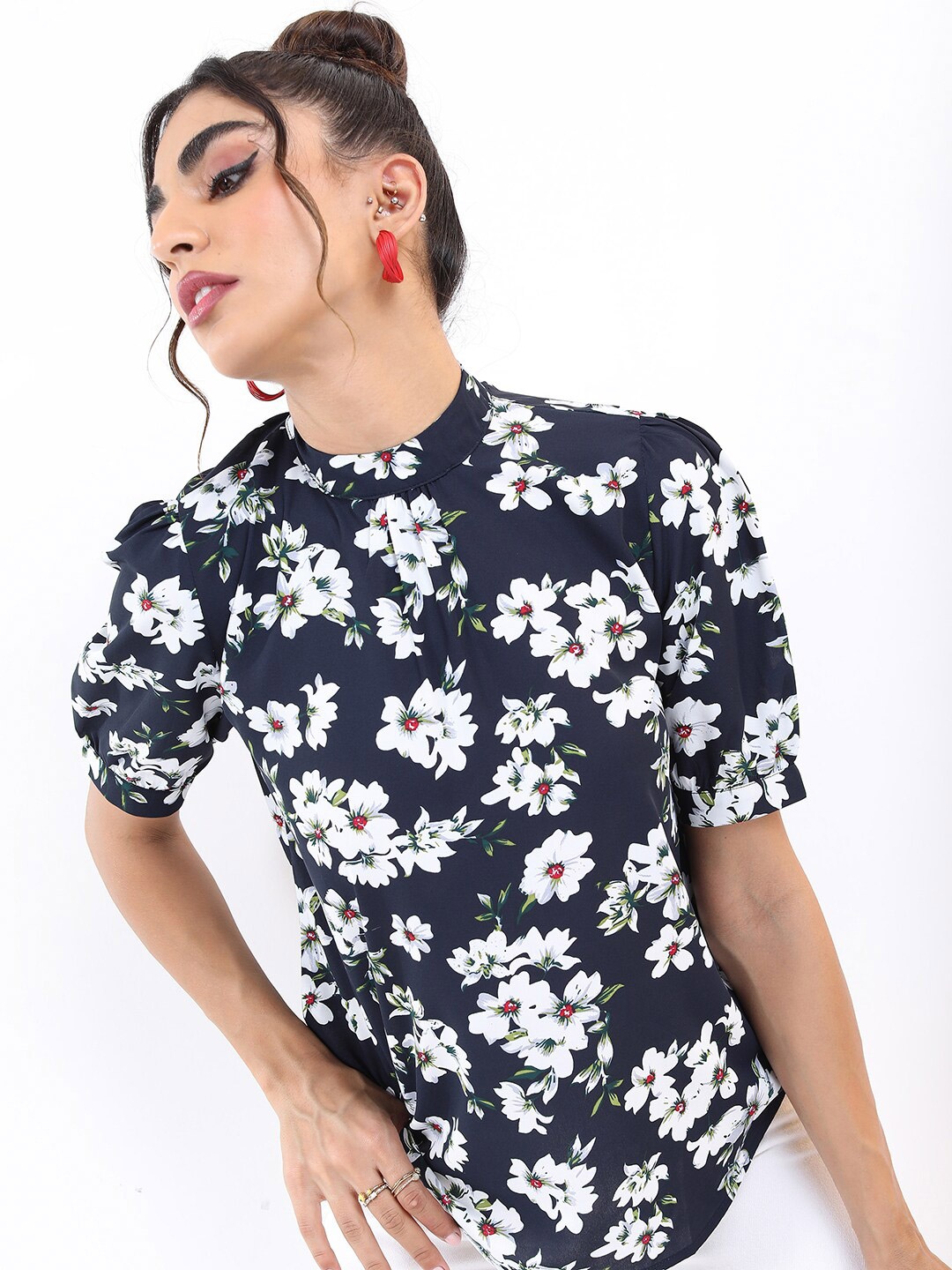 

KETCH Navy Blue Floral Print Mandarin Collar Top