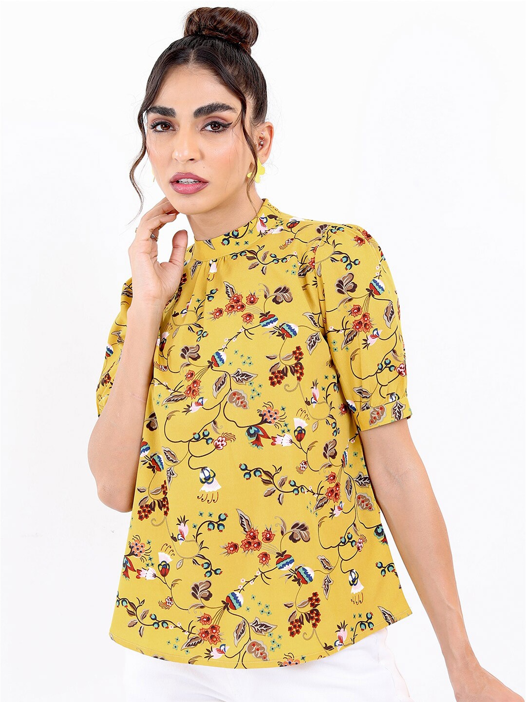 

KETCH Yellow Floral Print Mandarin Collar Top