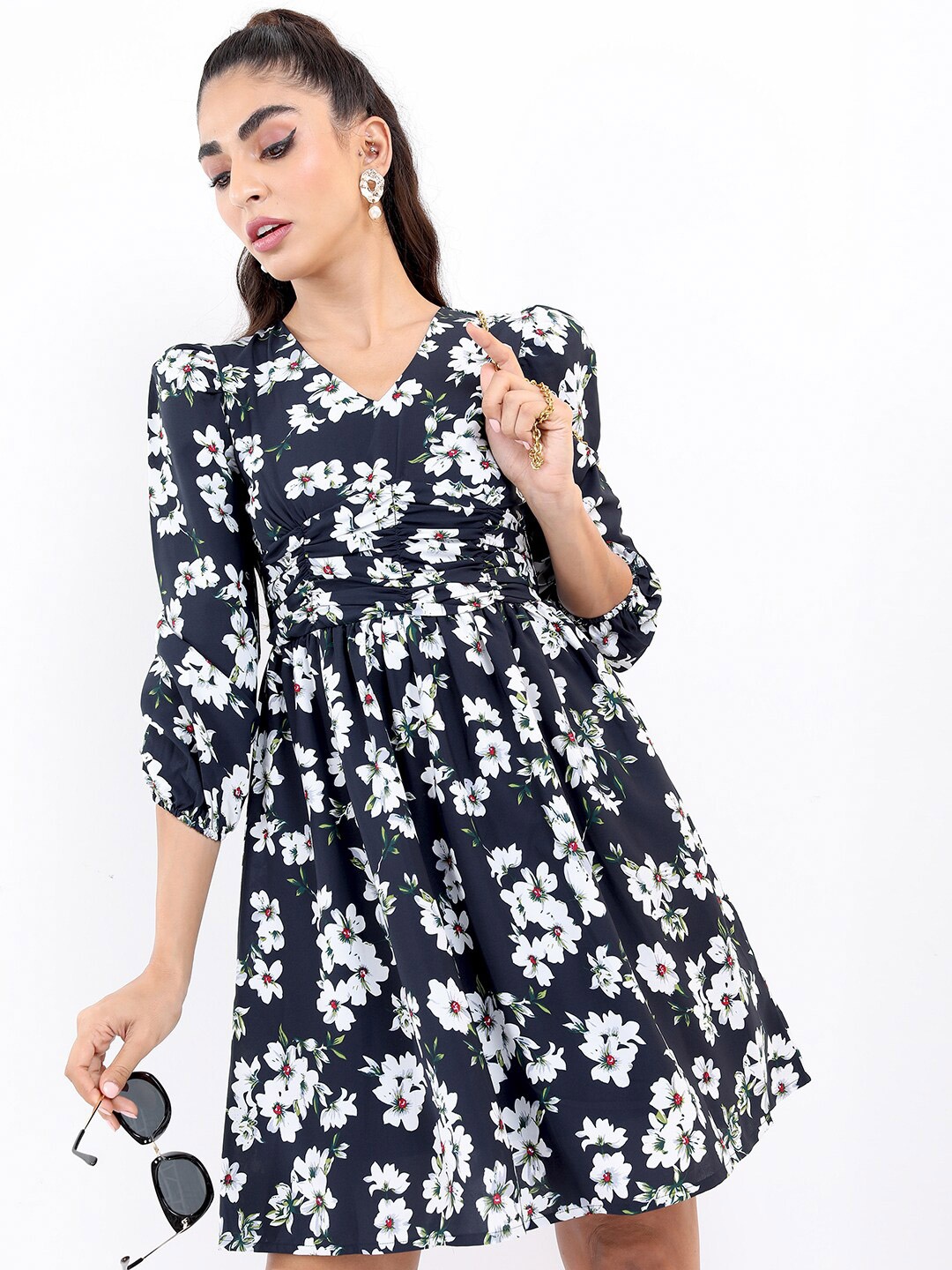 

KETCH Floral Printed Gather Mini Dress, Navy blue