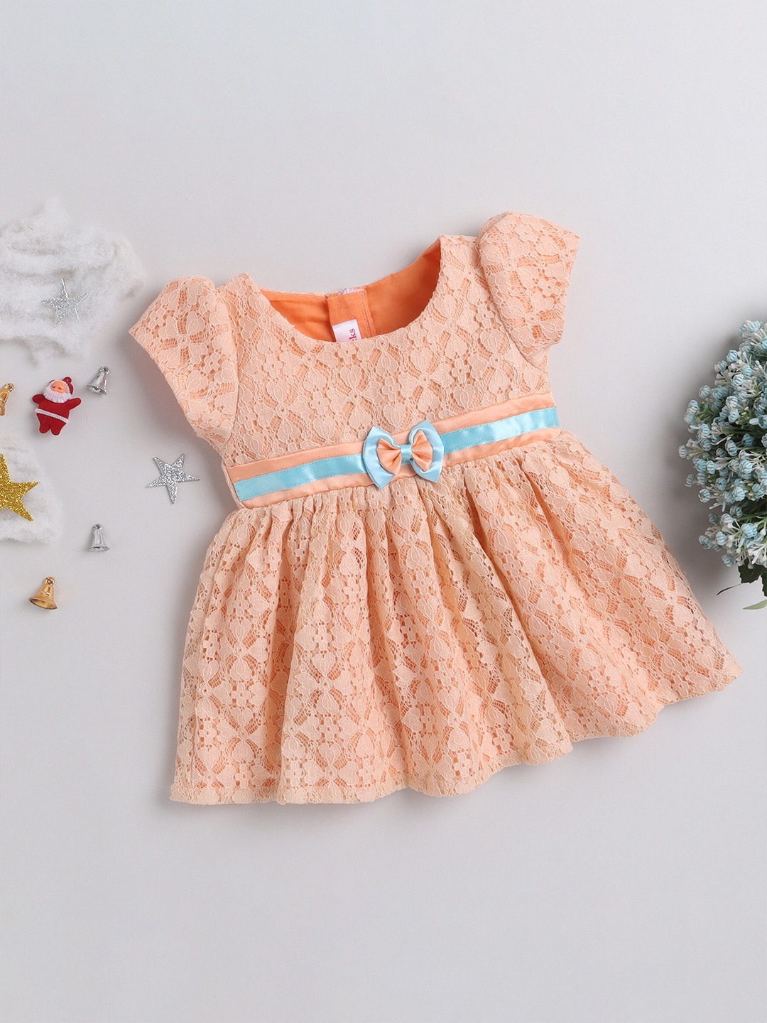 

MANY FROCKS & Self Design Cotton Dress, Peach