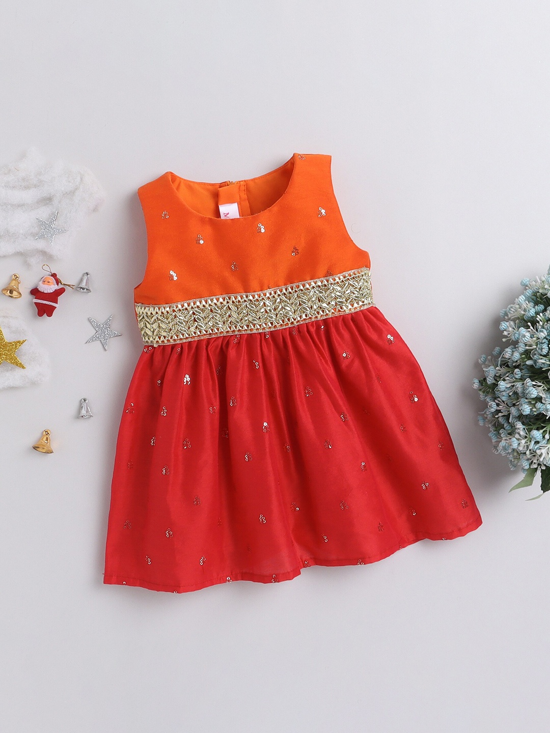 

MANY FROCKS & Orange & Red Embellished Cotton Dress