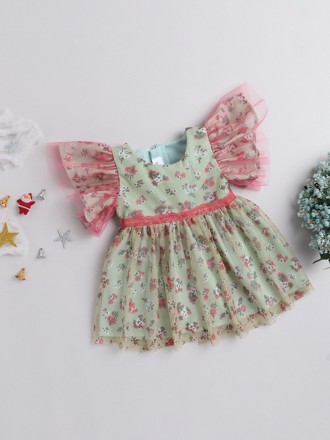 

MANY FROCKS & Floral Printed Flutter Sleeves Dress, Sea green