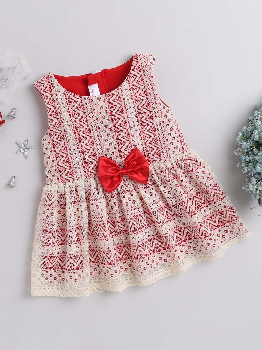 

MANY FROCKS & Cream-Coloured & Red Lace Cotton Dress