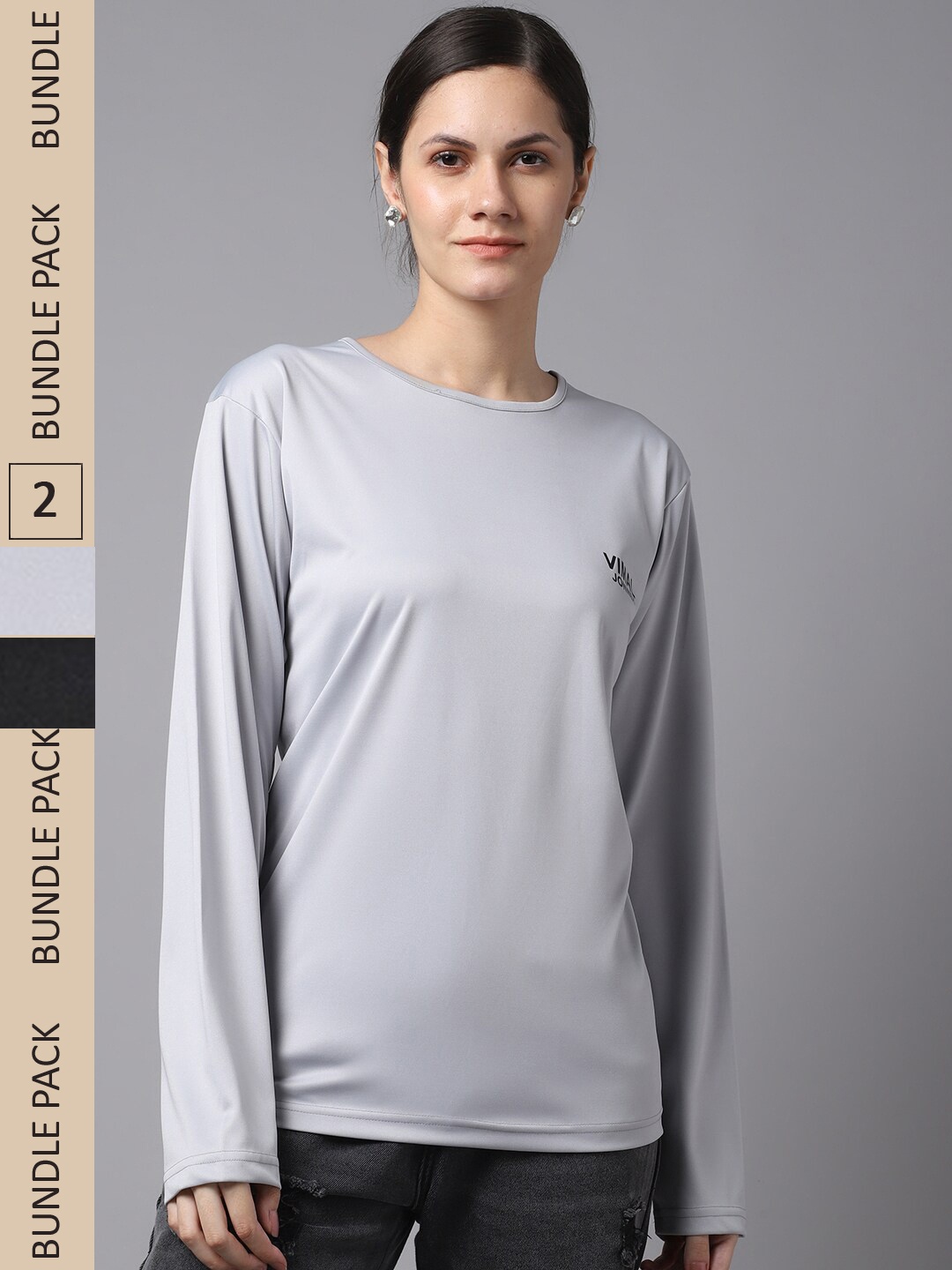 

MACK JONNEY JONNEY Women Grey Melange & Black Pack of 2 Dry-Fit T-shirt
