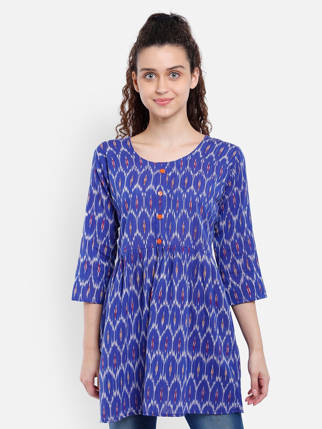 

Resha Ethnic Motifs Printed Pure Cotton Pleated Kurti, Blue