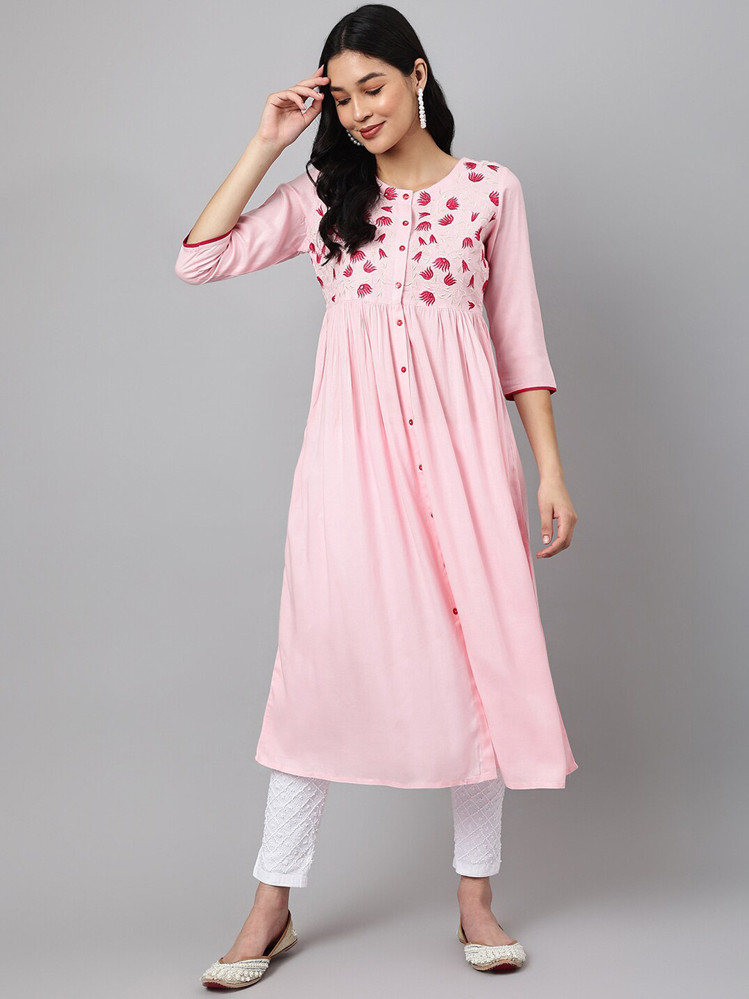 

Ashlee Floral Yoke Design Round Neck Kurta, Pink
