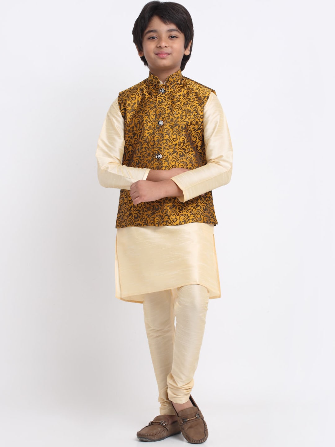

KRAFT INDIA Mandarin Collar Kurta with Churidar & Nehru Jacket, Beige