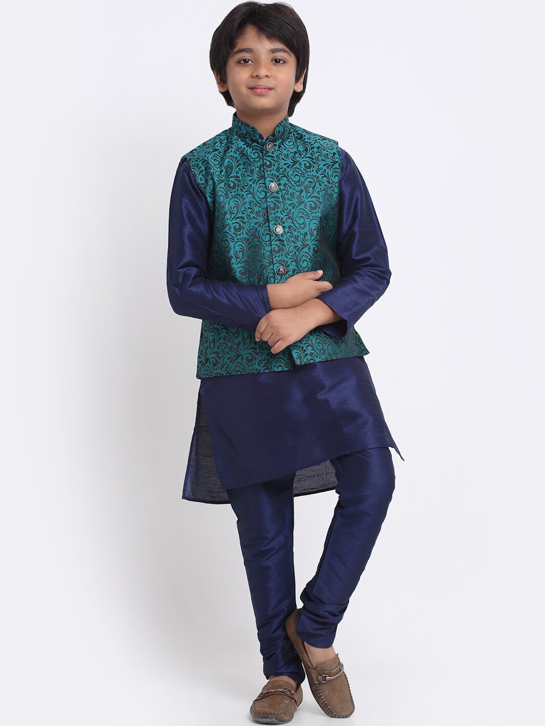 

KRAFT INDIA Mandarin Collar Kurta with Churidar & Nehru Jacket, Navy blue