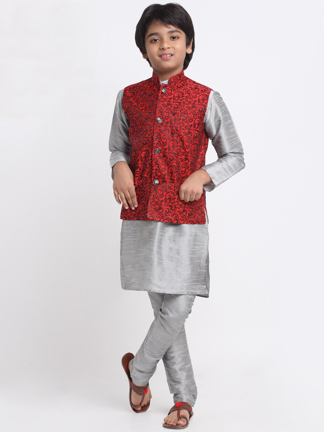 

KRAFT INDIA Mandarin Collar Kurta with Churidar & Nehru Jacket, Silver