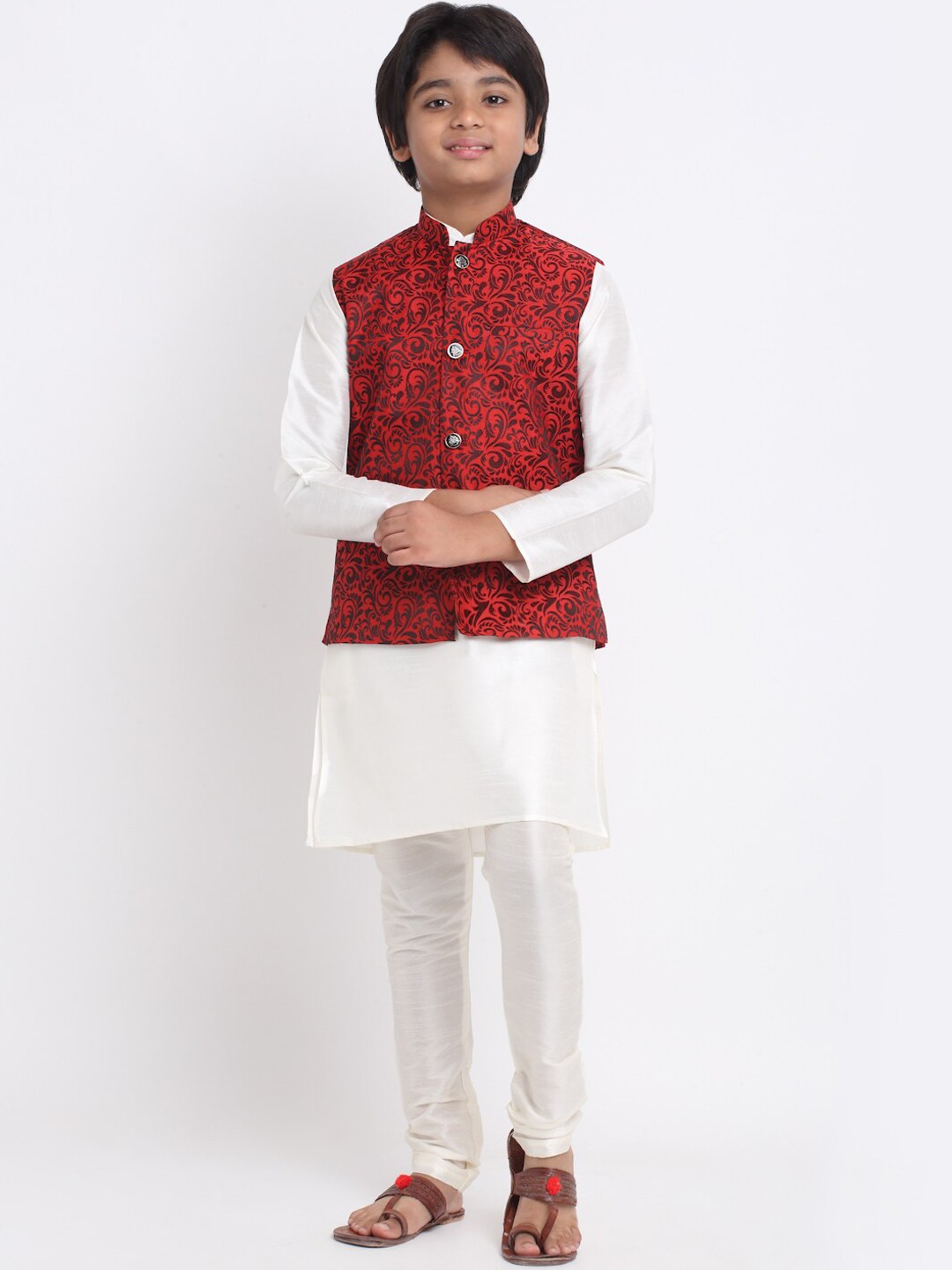 

KRAFT INDIA Mandarin Collar Kurta with Churidar & Nehru Jacket, Off white