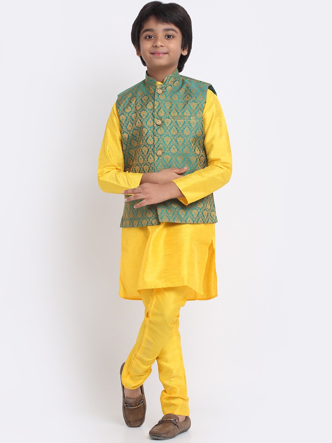 

KRAFT INDIA Mandarin Collar Kurta with Churidar & Nehru Jacket, Yellow