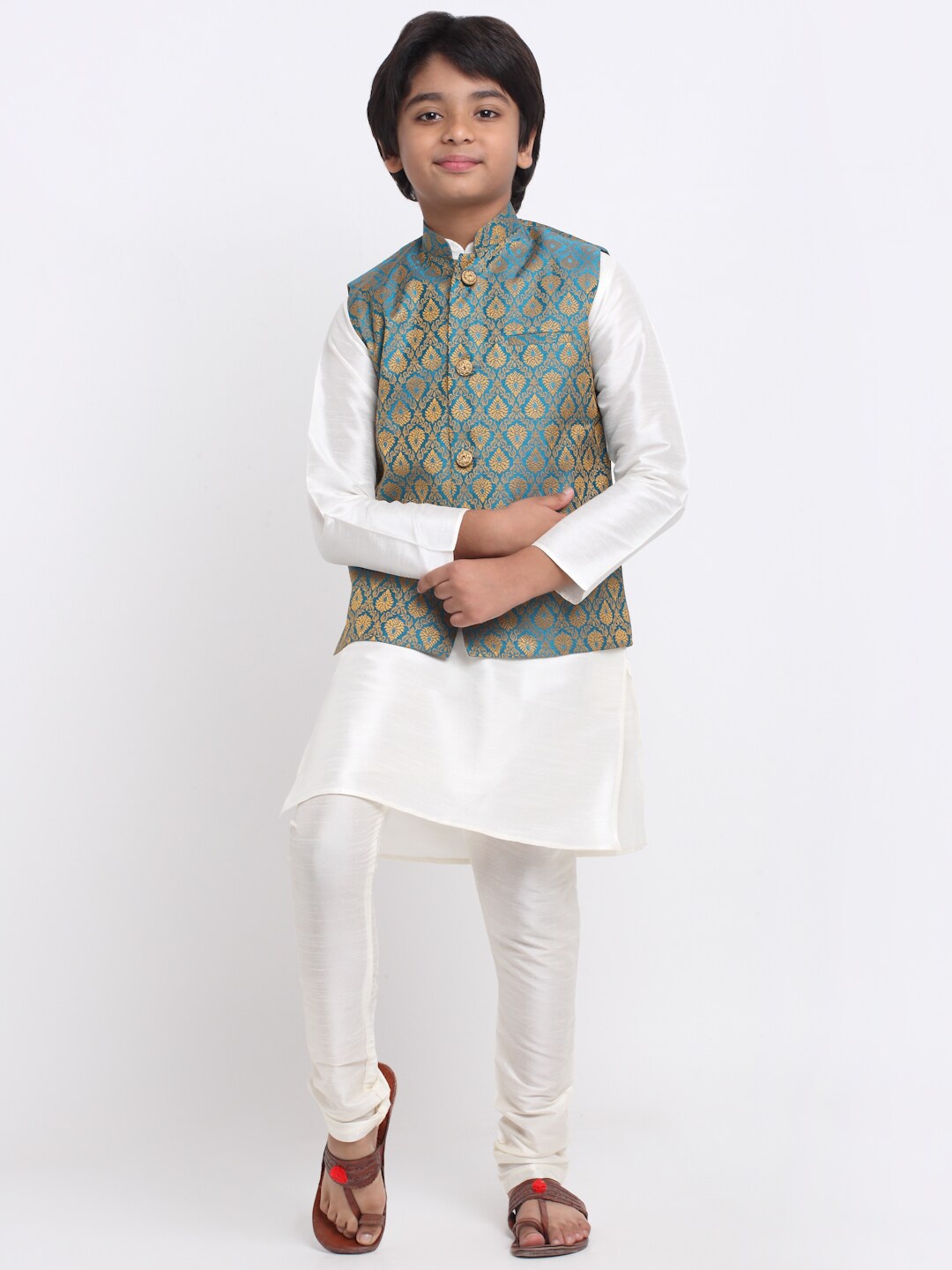 

KRAFT INDIA Mandarin Collar Kurta with Churidar & Nehru Jacket, Off white