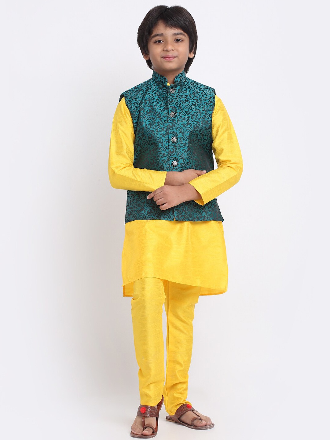 

KRAFT INDIA Boys Kurta & Churidar With Nehru Jacket, Yellow