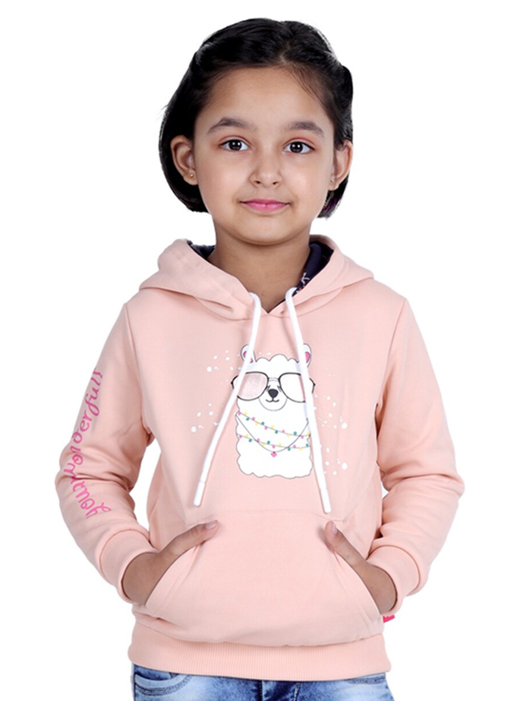 

3PIN Girls Printed Hooded Sweatshirt, Peach