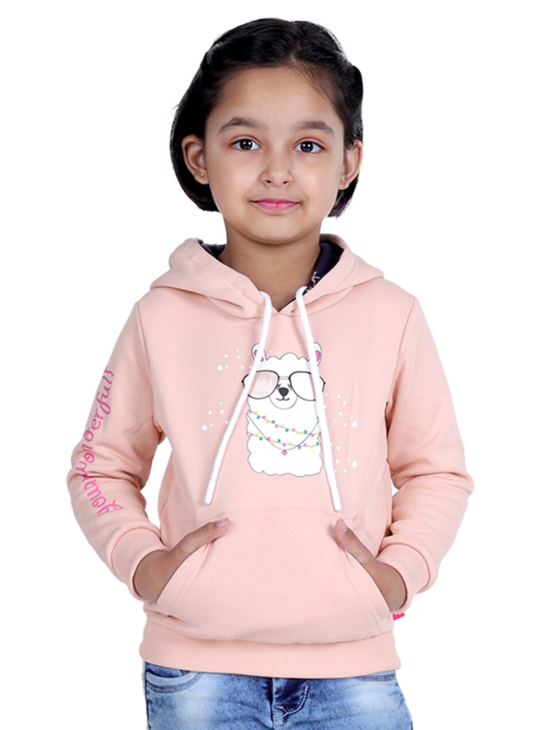 

3PIN Girls Printed Hooded Sweatshirt, Peach
