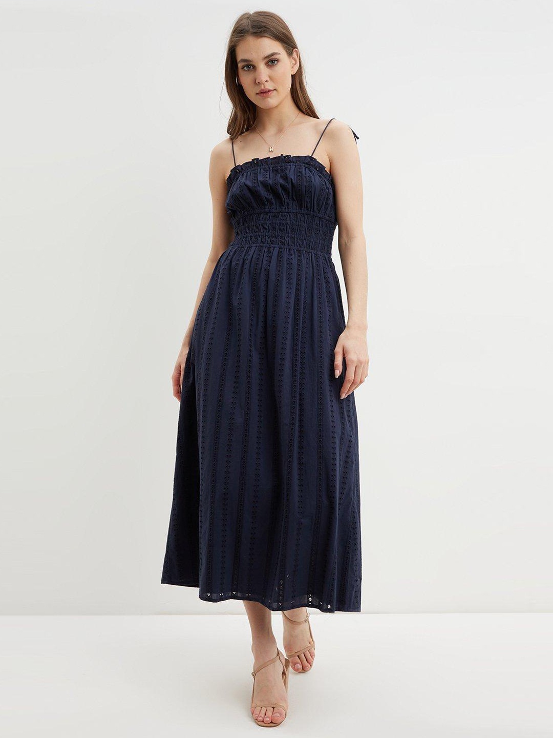 

DOROTHY PERKINS Navy Blue Pure Cotton Schiffli Embroidered Ruched Midi Dress