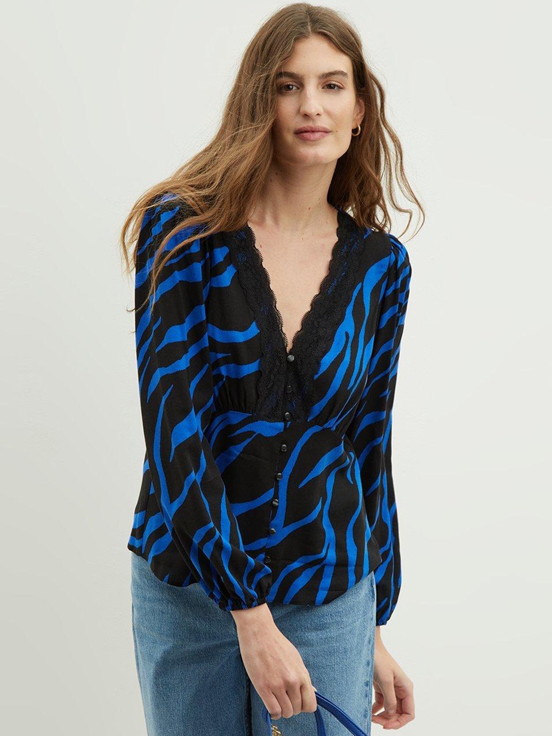 

DOROTHY PERKINS Blue & Black Zebra Print Lace Trim Top