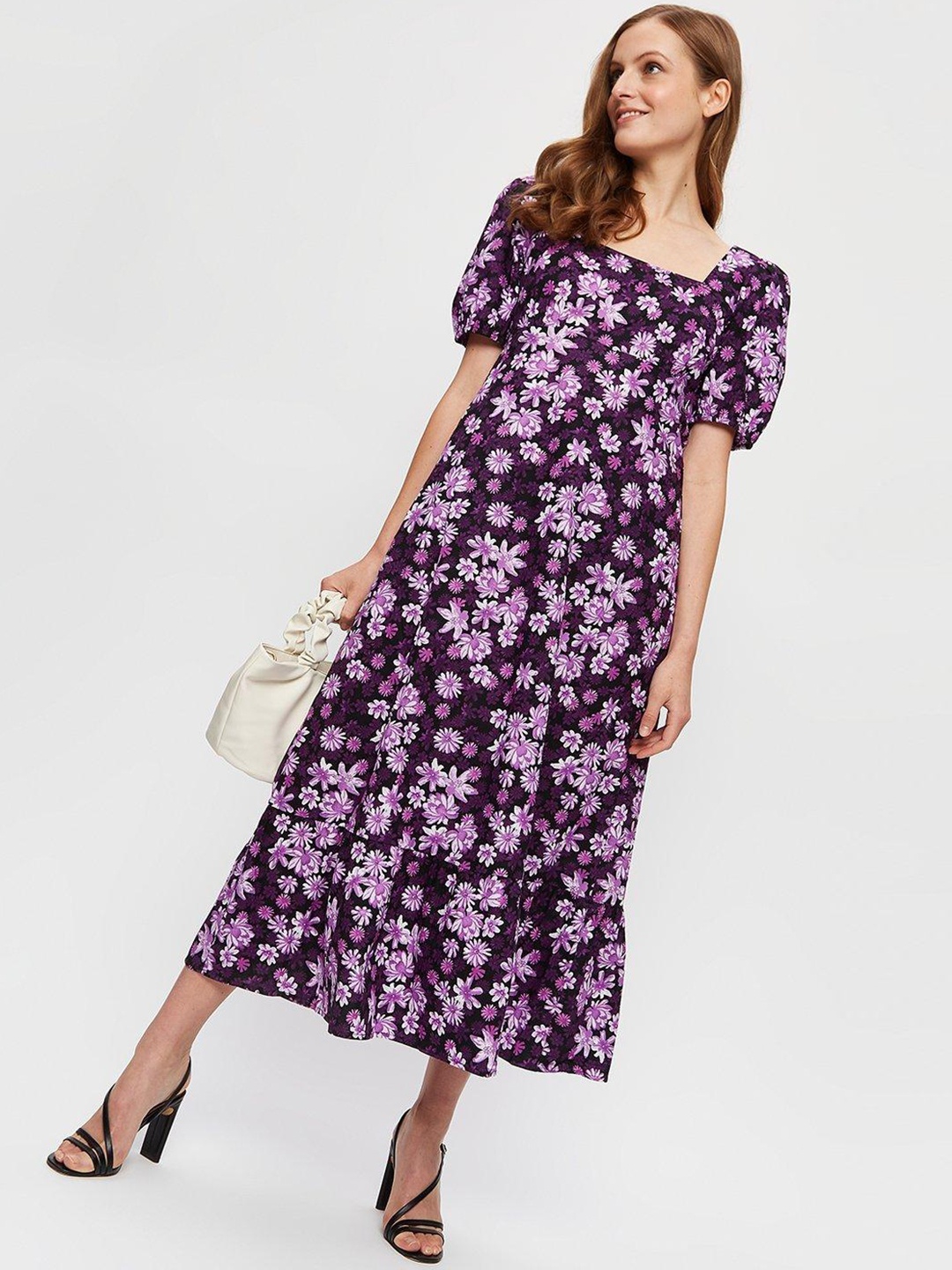 

DOROTHY PERKINS Purple Cotton Floral Print A-Line Midi Dress