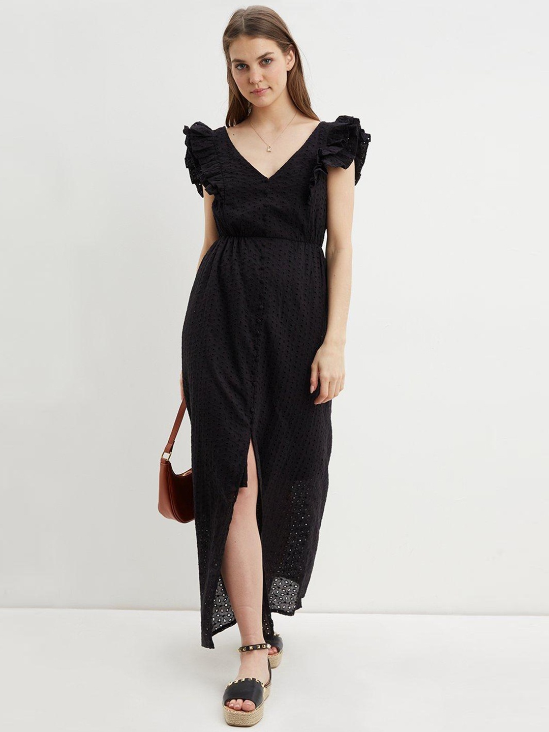 

DOROTHY PERKINS Black Cotton Schiffli Embroidered Front Slit Maxi Dress