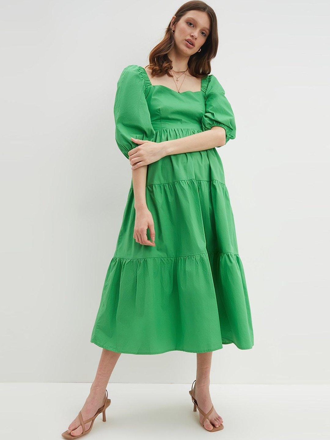 

DOROTHY PERKINS Green Cotton A-Line Tiered Midi Dress
