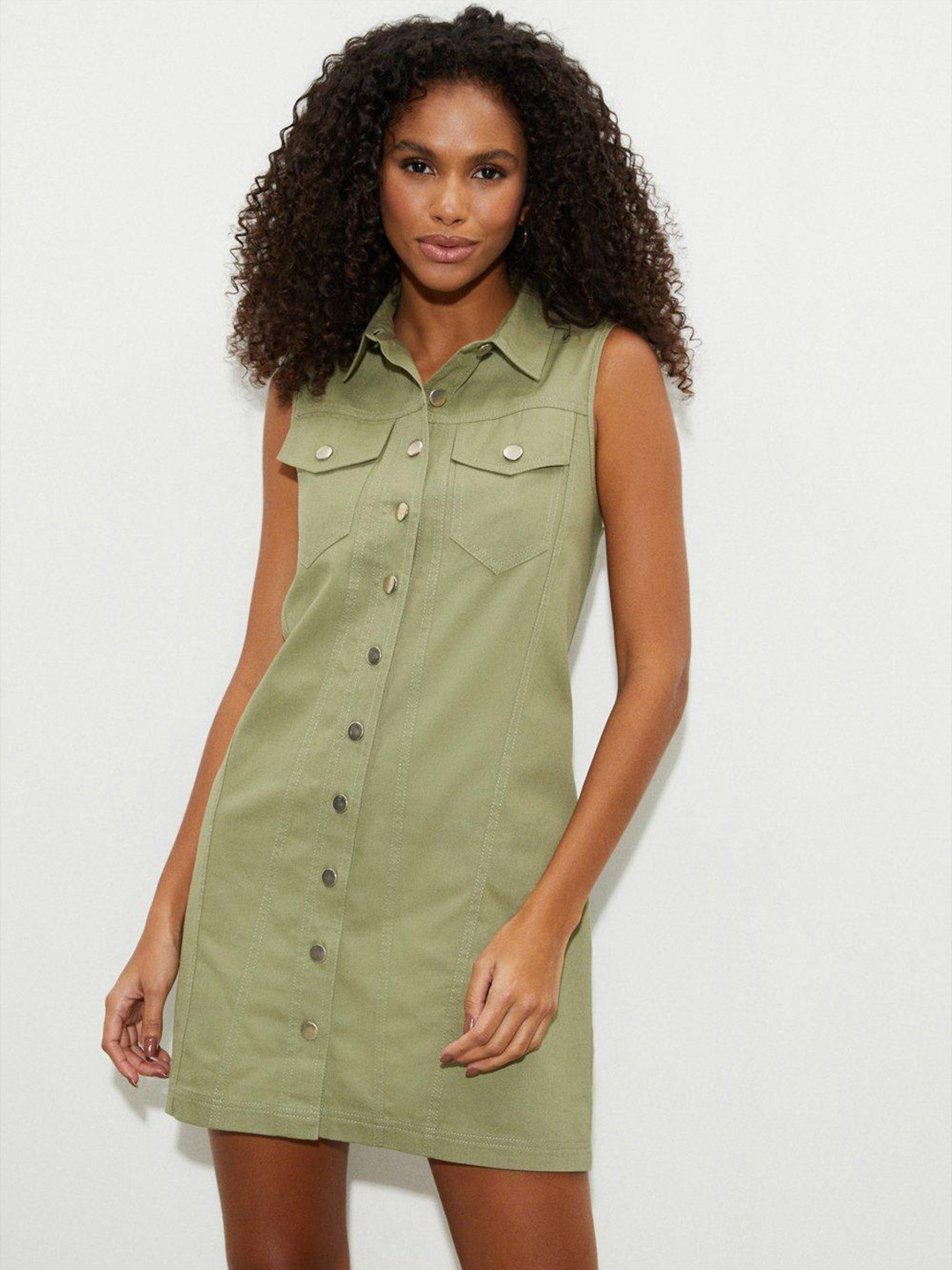 

DOROTHY PERKINS Olive Green Cotton Shirt Mini Dress