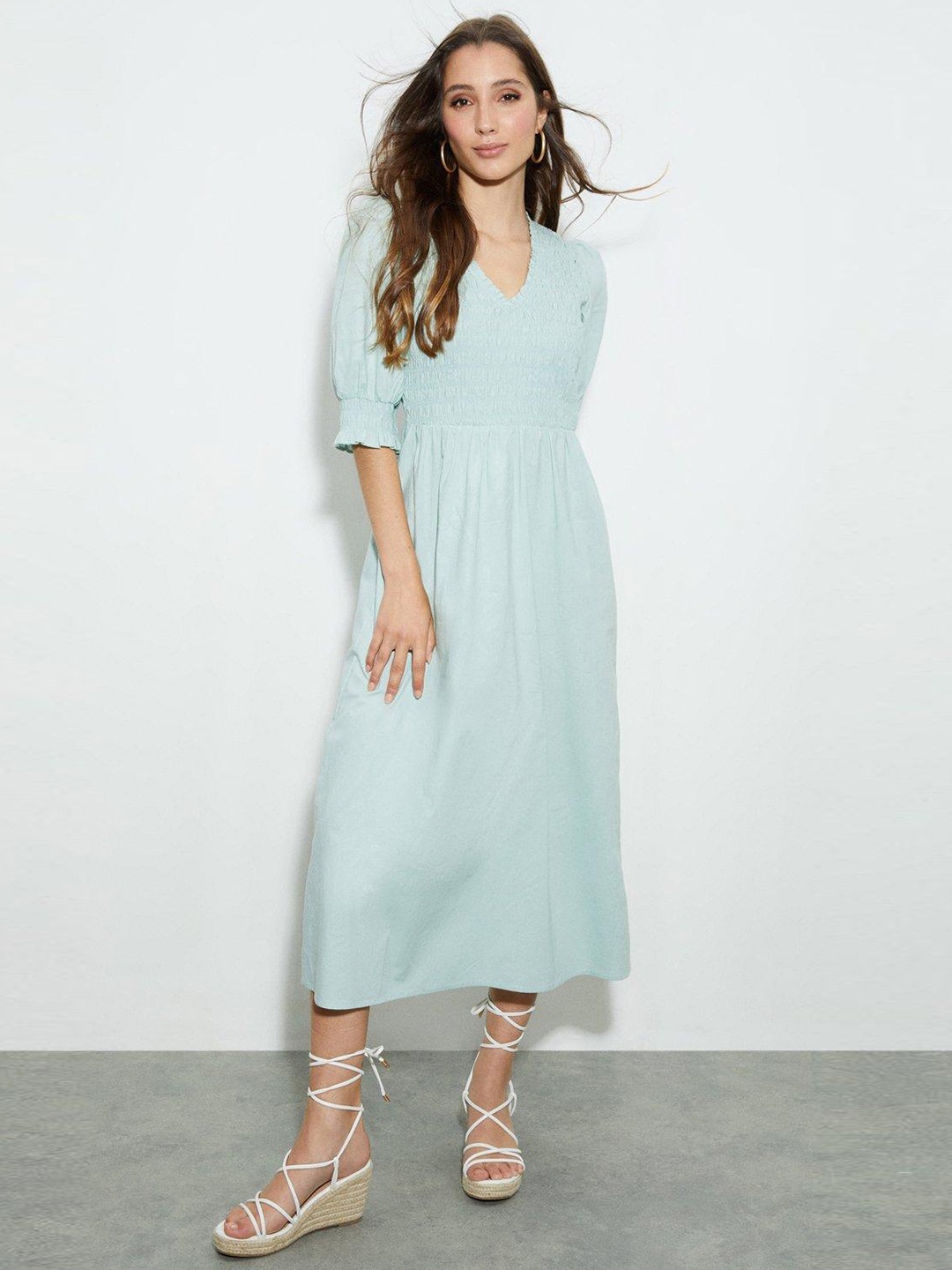 

DOROTHY PERKINS Blue Cotton Smocked A-Line Midi Dress