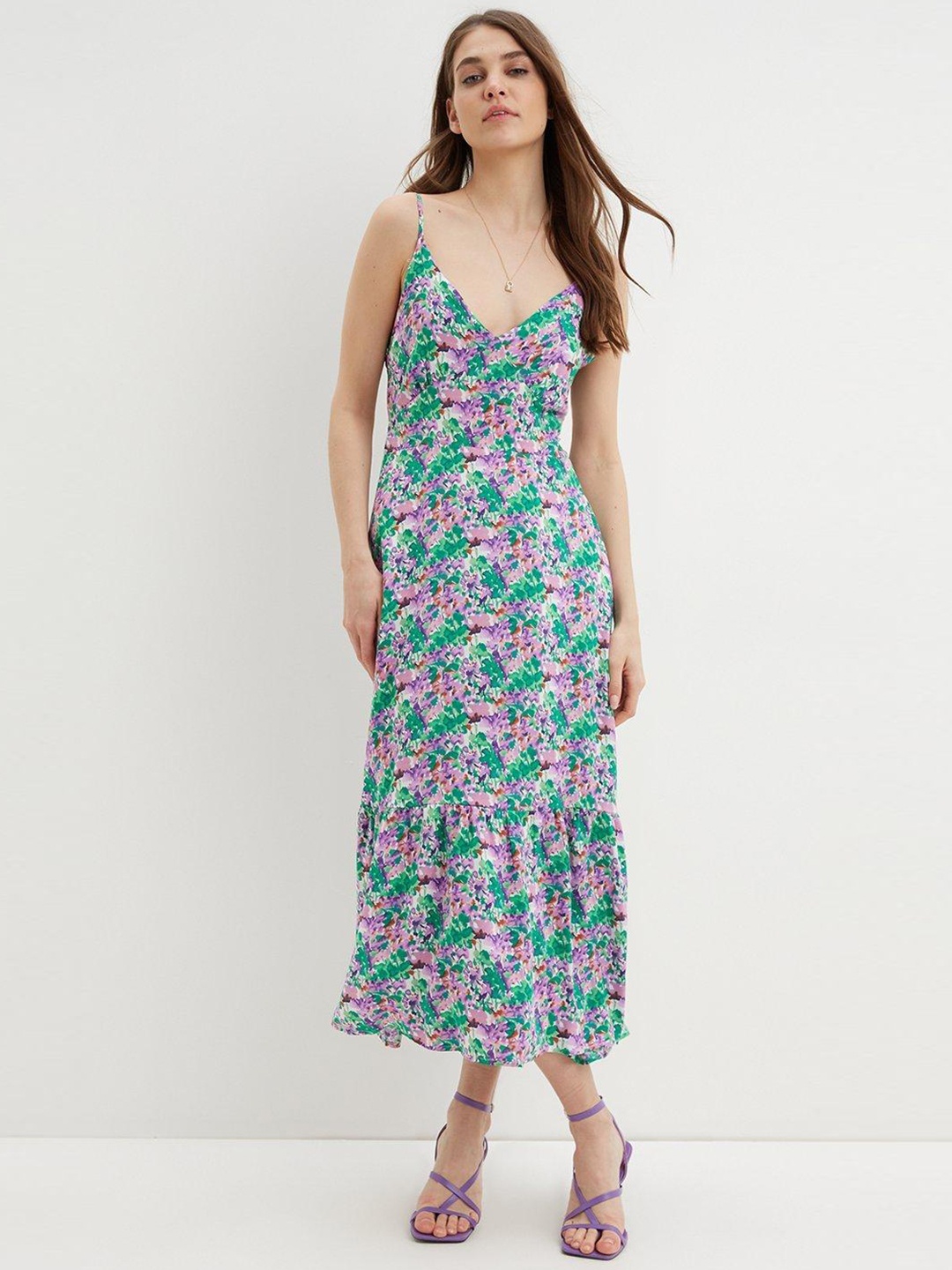 

DOROTHY PERKINS Green & Lavender Floral Printed Maxi Dress