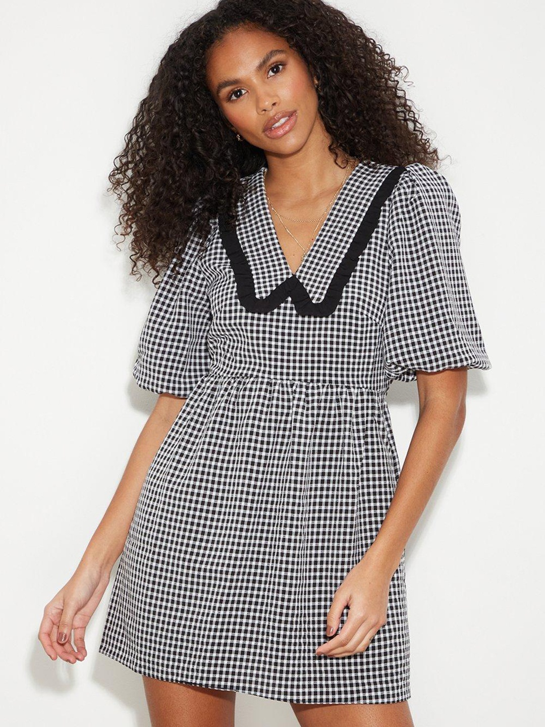 

DOROTHY PERKINS Black & White Checked A-Line Mini Dress