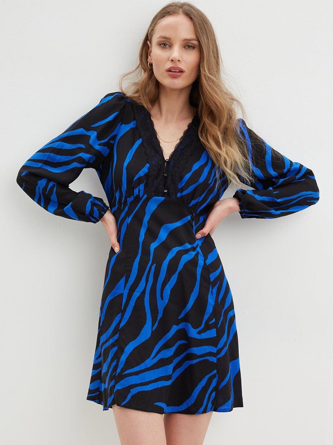 

DOROTHY PERKINS Black & Blue Zebra Print A-Line Mini Dress