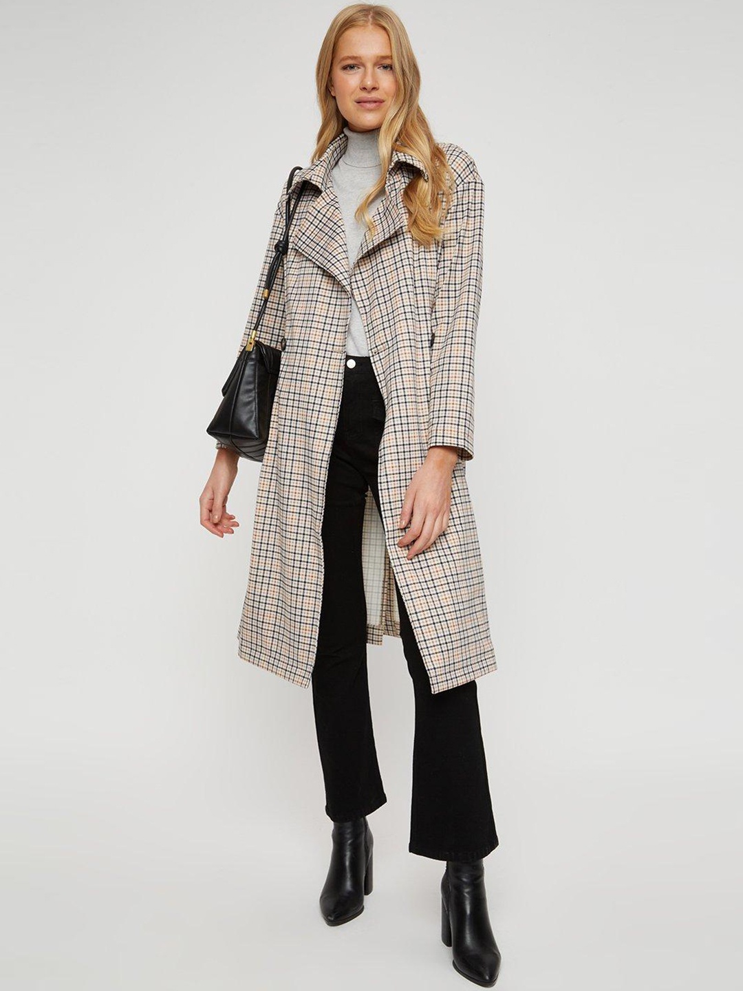 

DOROTHY PERKINS Women Beige & Black Checked Longline Overcoat