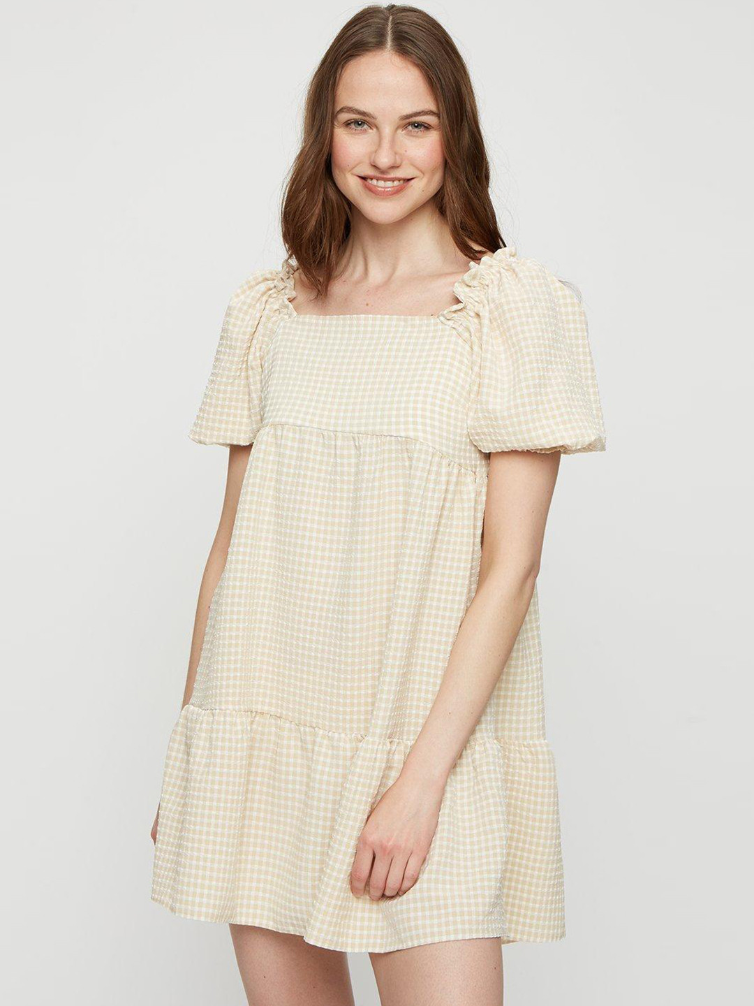 

DOROTHY PERKINS Beige & White Pure Cotton Checked A-Line Mini Dress