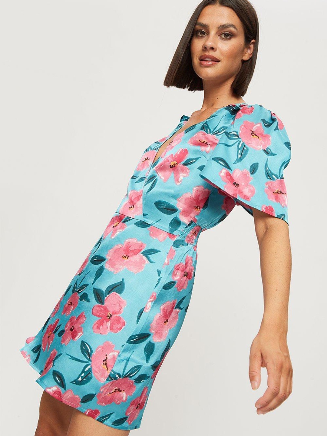 

DOROTHY PERKINS Blue & Pink Floral Printed Smocked A-Line Mini Dress