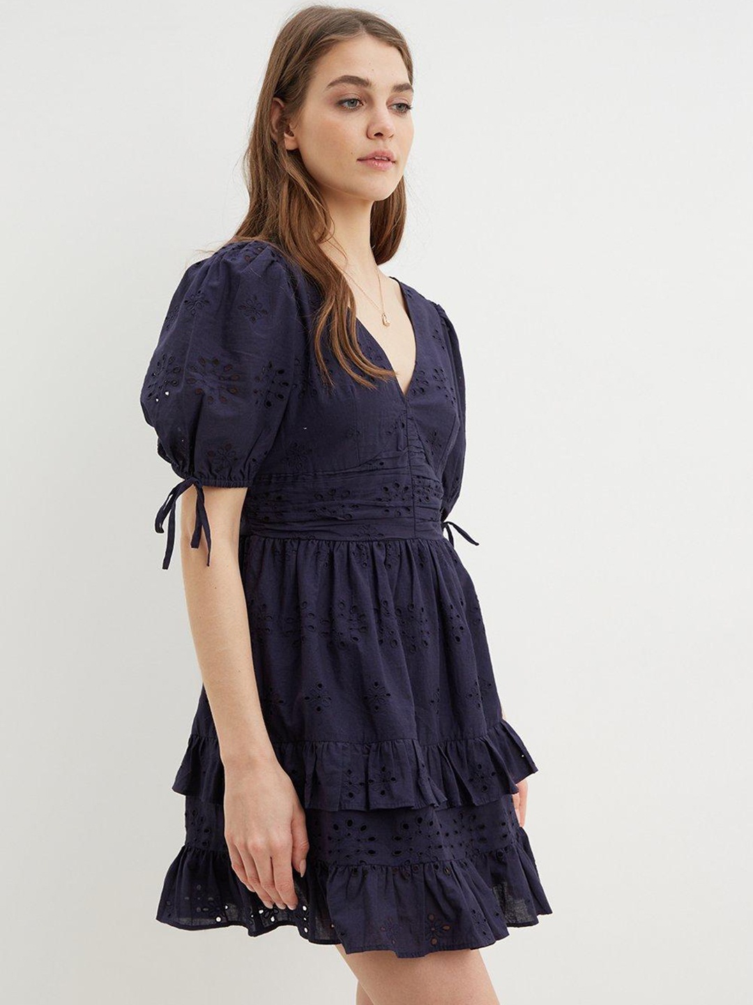 

DOROTHY PERKINS Navy Blue Pure Cotton Schiffli Ruffle A-Line Mini Dress