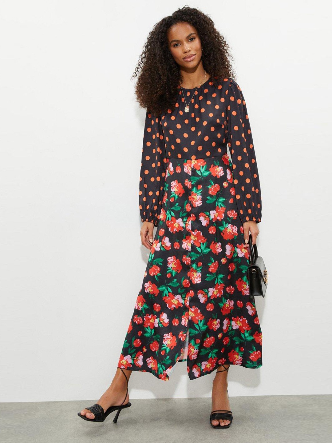 

DOROTHY PERKINS Black & Orange Floral A-Line Midi Dress