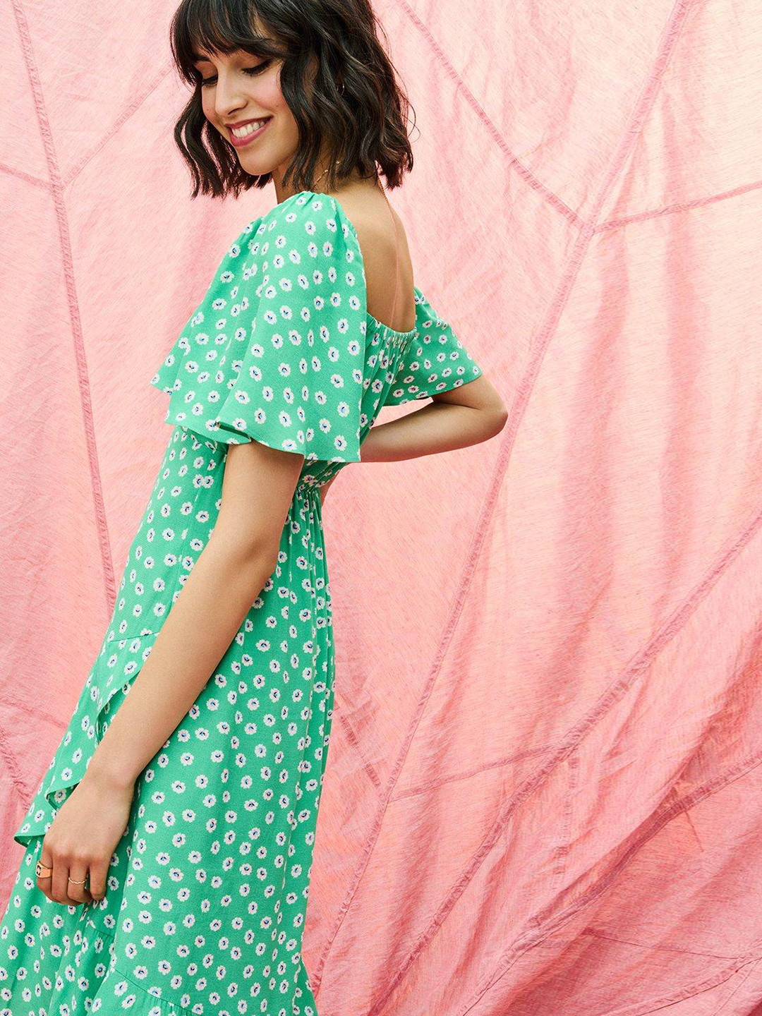 

DOROTHY PERKINS Green & White Floral Print A-Line Midi Dress