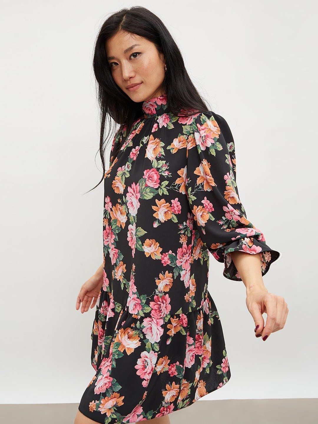 

DOROTHY PERKINS Black & Green Floral Halter Neck A-Line Mini Dress