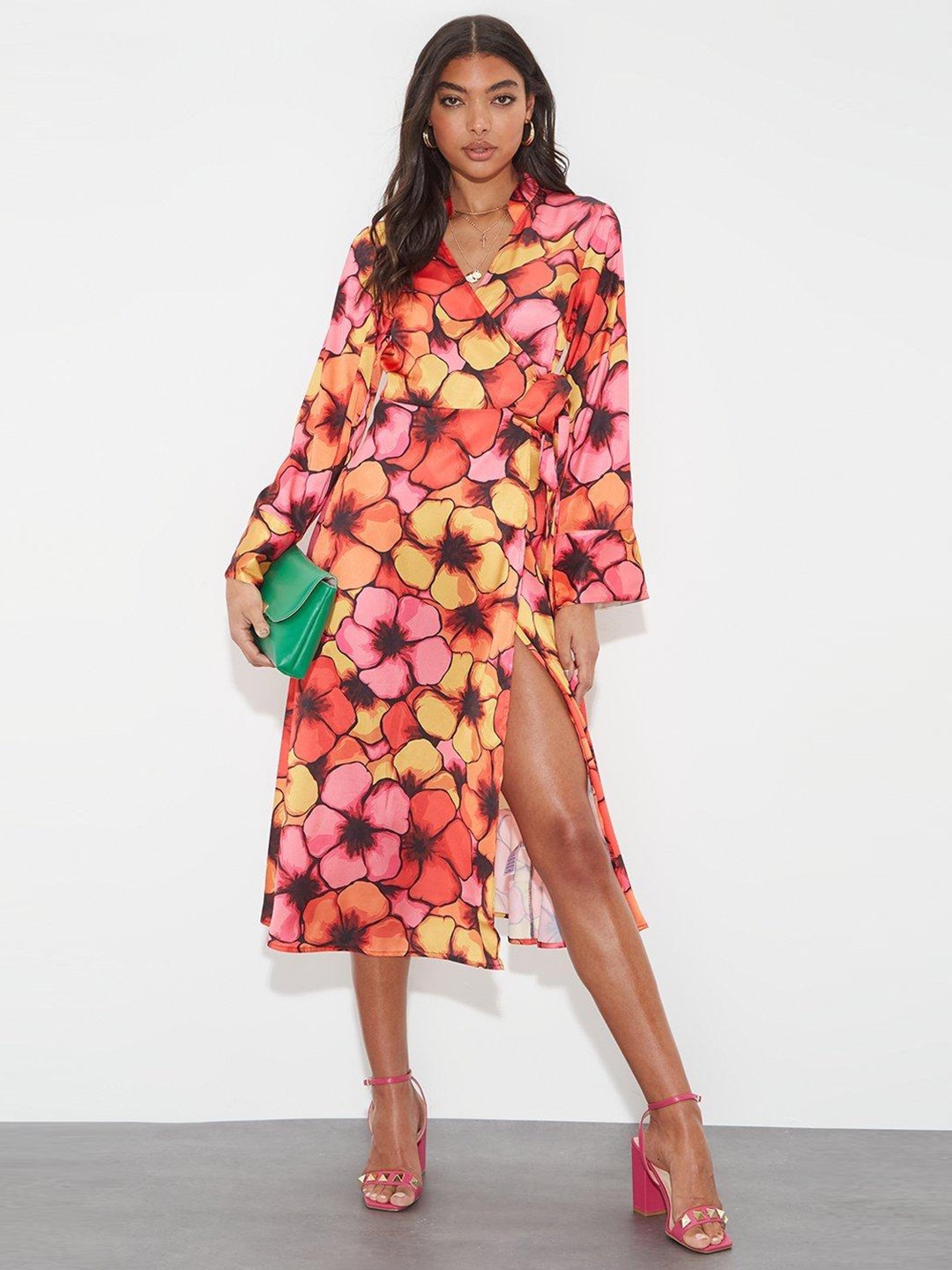 

DOROTHY PERKINS Red & Yellow Floral Satin Wrap Midi Dress