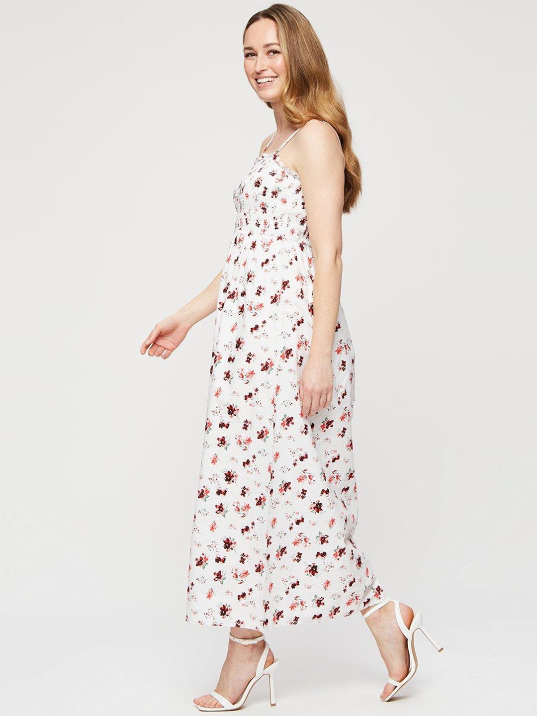 

DOROTHY PERKINS White & Maroon Pure Cotton Floral A-Line Midi Dress